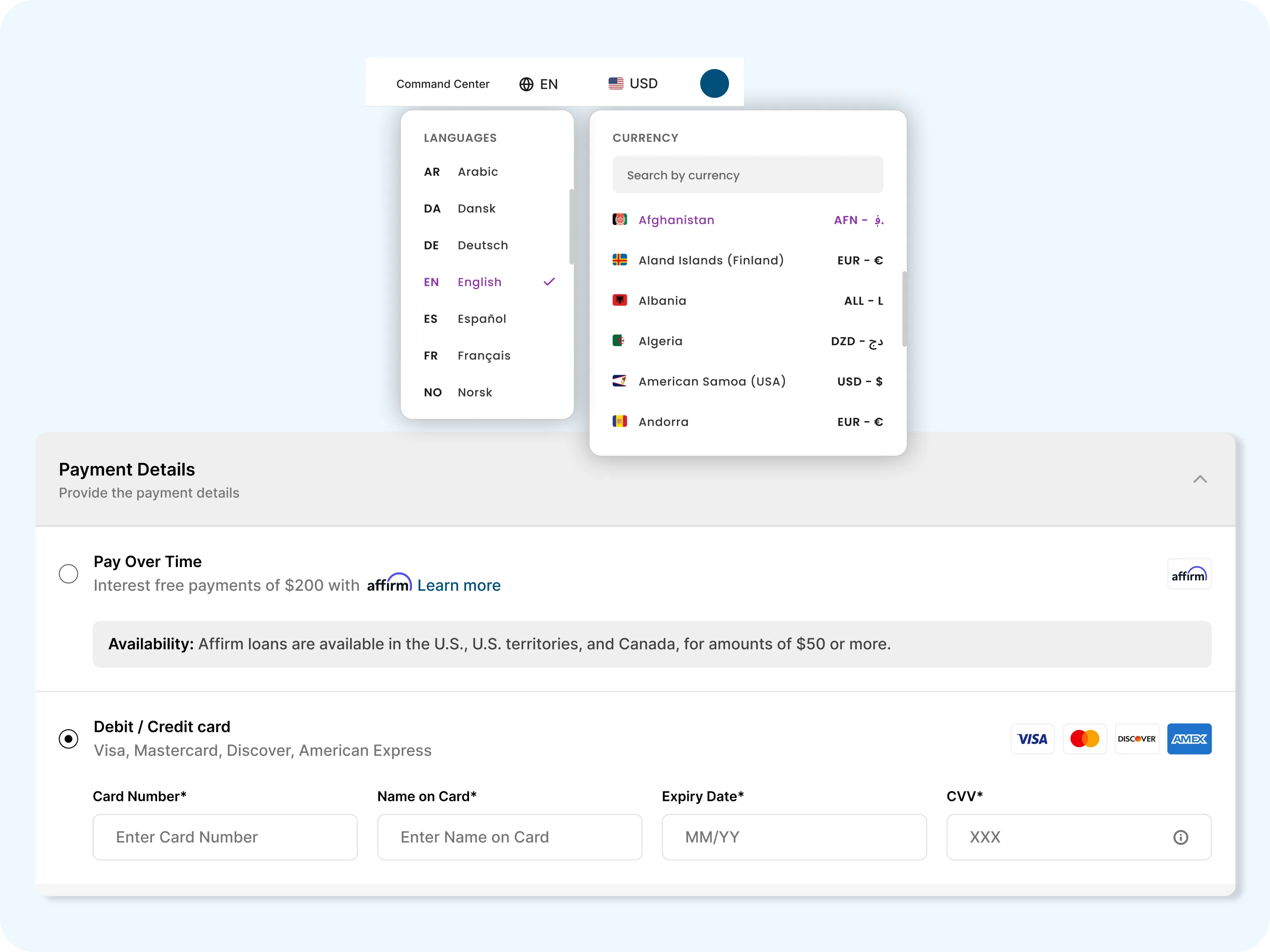 Flight checkout and payment UI