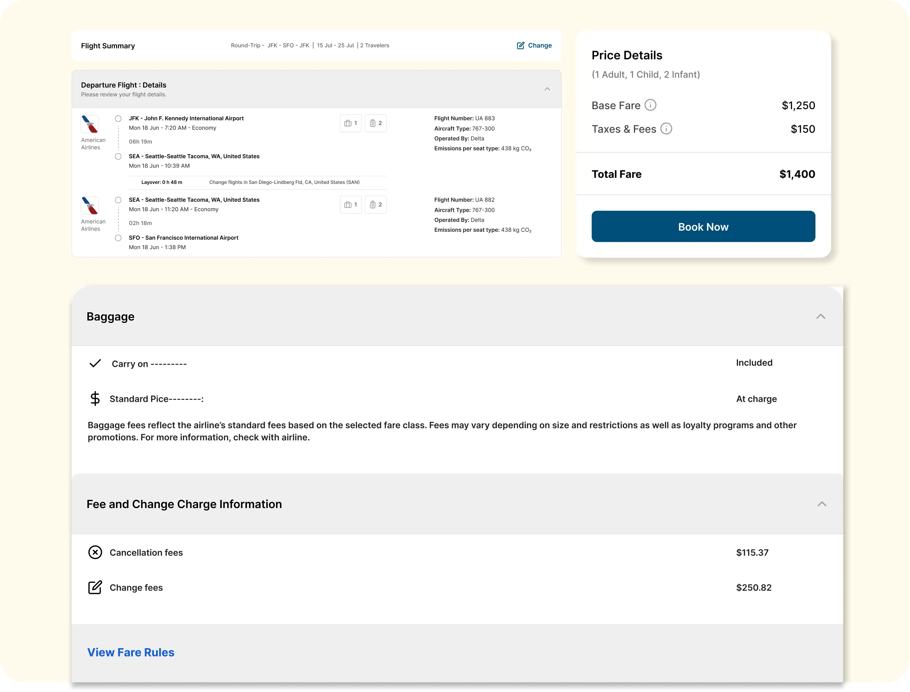 Flight itinerary and fare details UI